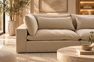 Close-up of the Cloud Nine Modular Sofa corner piece in beige
