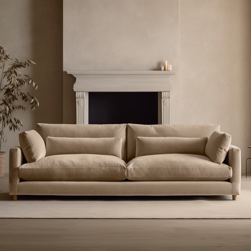 Oak 3 Seater Beige Sofa