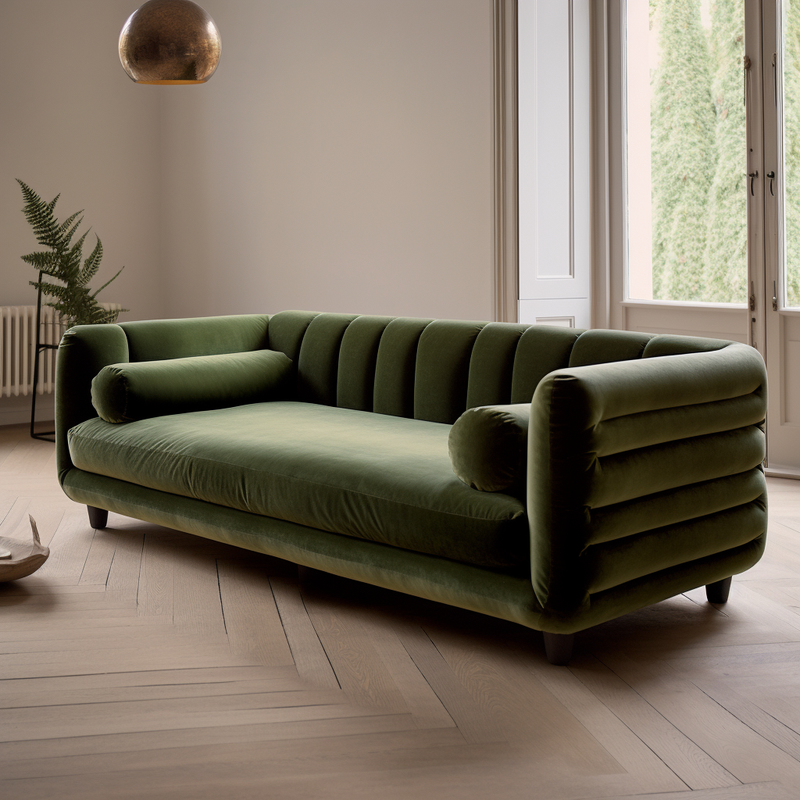Tokyo 3 Seater Velvet Curved Olive Sofa