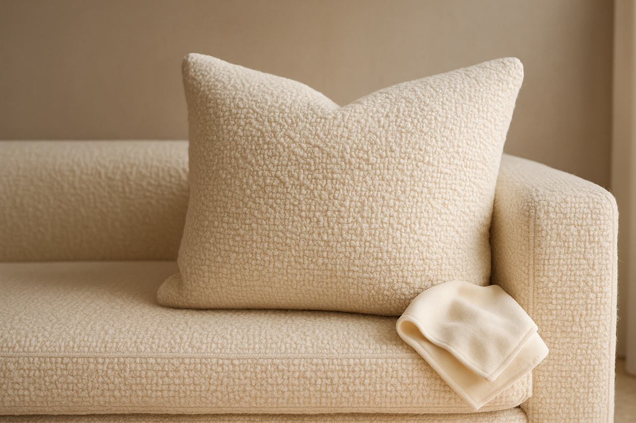Close-up of ivory bouclé sofa cushion