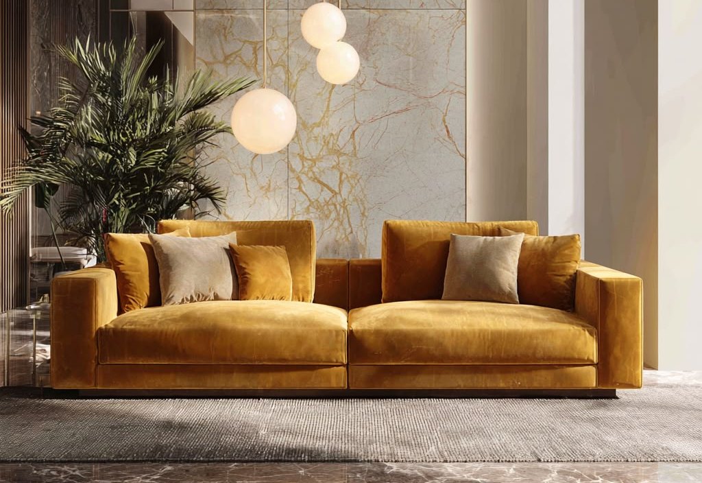 A mustard velvet sofa — Nader.ae Dubai showroom